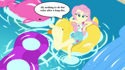Size: 1280x720 | Tagged: safe, edit, edited screencap, screencap, fluttershy, equestria girls, g4, i'm on a yacht, spoiler:eqg series (season 2), barefoot, clothes, feet, female, floaty, flutterfeet, foot focus, pool toy, relaxed, shorts, smiling, soles, solo, speech bubble, swimming pool, text, toes, water, wiggle, wiggling toes