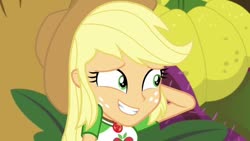 Size: 748x421 | Tagged: safe, screencap, applejack, equestria girls, equestria girls specials, g4, my little pony equestria girls: better together, my little pony equestria girls: holidays unwrapped, o come all ye squashful, applejack's hat, applejack's shirt with a collar, arm behind head, awkward, clothes, collar, collar shirt, cowboy hat, cute, eyes closed, female, freckles, geode of super strength, hair, hat, jackabetes, magical geodes, nervous, ponytail, sheepish grin, shirt, shirt with a collar, smiling, solo, t-shirt, teenager