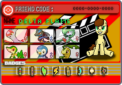 Size: 245x171 | Tagged: safe, artist:theironheart, oc, oc:delta flame, bayleef, earth pony, gardevoir, latias, lucario, piplup, pony, snivy, badge, card, crossover, female, grin, male, pixel art, pokémon, sitting, smiling, trainer card, underhoof