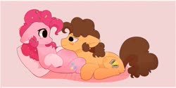Size: 1920x960 | Tagged: dead source, safe, artist:php146, cheese sandwich, pinkie pie, earth pony, pony, g4, belly, daddy cheese, female, floppy ears, implied li'l cheese, looking at each other, male, mama pinkie, mare, on back, preggy pie, pregnant, prone, ship:cheesepie, shipping, smiling, stallion, straight