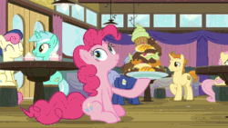 Size: 640x360 | Tagged: safe, edit, edited screencap, screencap, bon bon, fluttershy, golden crust, lyra heartstrings, midnight snack (g4), pinkie pie, sweetie drops, earth pony, pegasus, pony, unicorn, a trivial pursuit, g4, season 9, abdominal bulge, animated, bedroom eyes, butt, cupcake, cute, dain-app, diapinkes, eating, faic, female, food, food baby, friendship student, gif, grin, male, mare, object vore, pica, pinkie being pinkie, pinkie pie is best facemaker, plot, round belly, smiling, stallion, stuffed, stuffed belly, stuffing, swallowing, that pony sure does love eating