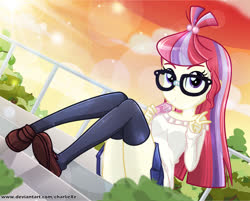 Size: 1025x826 | Tagged: safe, artist:charliexe, moondancer, equestria girls, g4, bare shoulders, clothes, cute, drinking, equestria girls-ified, female, glasses, juice, legs, looking at you, microskirt, miniskirt, moe, peace sign, pleated skirt, schrödinger's pantsu, shoes, skirt, socks, solo, thigh highs, thigh socks, thighs, zettai ryouiki
