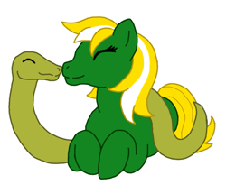 Size: 753x648 | Tagged: safe, artist:chili19, oc, oc only, earth pony, pony, snake, duo, earth pony oc, eyes closed, female, mare, prone, simple background, smiling, white background
