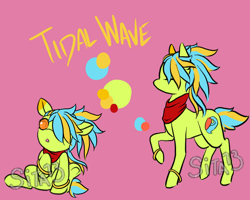 Size: 1000x800 | Tagged: safe, artist:lavvythejackalope, oc, oc only, oc:tidal wave, earth pony, pony, :o, baby, baby pony, bracelet, clothes, earth pony oc, eyes closed, jewelry, open mouth, raised hoof, reference sheet, scarf, simple background, sitting, text, underhoof
