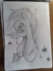 Size: 3264x2448 | Tagged: safe, artist:awesomedude14, applejack, earth pony, pony, g4, apple, collar, ear piercing, female, food, high res, monochrome, paper, pencil drawing, photo, piercing, solo, speech bubble, straw in mouth, text bubbles, traditional art, unimpressed, yoke
