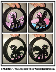 Size: 2551x3300 | Tagged: safe, artist:samoht-lion, king sombra, nightmare rarity, pinkie pie, alicorn, pony, unicorn, g4, alicornified, chaos pinkie, cloak, clothes, craft, female, hand, high res, irl, male, mare, papercraft, photo, pinkiecorn, race swap, raised hoof, sombra eyes, stallion, traditional art, xk-class end-of-the-world scenario