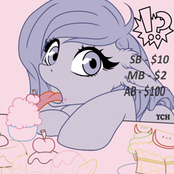Size: 1300x1300 | Tagged: safe, artist:ynery, earth pony, pony, apple, banana, cake, cherry, commission, cute, food, herbivore, open mouth, solo, tongue out, your character here