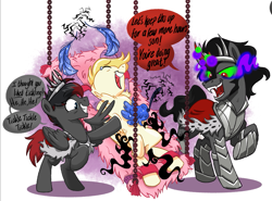 Size: 1017x751 | Tagged: safe, artist:virtualkidavenue, king sombra, oc, oc:brimstone, oc:exist, griffequus, pony, umbrum, g4, armpits, bondage, duster, father and child, father and son, feather, magic, male, parent:king sombra, tickle torture, tickling, wings