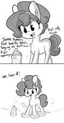 Size: 1080x2083 | Tagged: safe, artist:tjpones, oc, oc only, oc:brownie bun, earth pony, pony, chest fluff, comic, dialogue, female, grayscale, mare, monochrome, onomatopoeia, open mouth, simple background, solo, white background