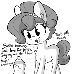 Size: 1080x1080 | Tagged: safe, artist:tjpones, part of a set, oc, oc only, oc:brownie bun, earth pony, pony, chest fluff, dialogue, female, grayscale, mare, monochrome, open mouth, simple background, solo, white background