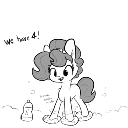 Size: 1080x1080 | Tagged: safe, artist:tjpones, part of a set, oc, oc only, oc:brownie bun, earth pony, pony, chest fluff, dialogue, female, grayscale, mare, monochrome, onomatopoeia, open mouth, simple background, solo, white background