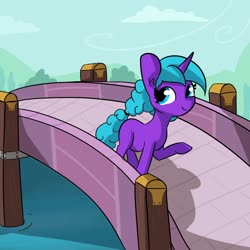 Size: 2160x2160 | Tagged: safe, artist:tjpones, oc, oc only, pony, unicorn, bridge, commission, female, high res, mare, raised hoof, solo