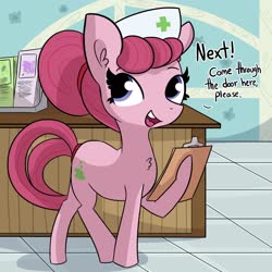 Size: 2160x2160 | Tagged: safe, artist:tjpones, oc, oc only, oc:bubbly joy, earth pony, pony, chest fluff, commission, dialogue, female, hat, high res, mare, nurse, nurse hat, raised hoof, solo