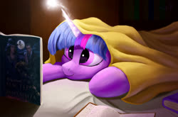 Size: 1500x988 | Tagged: safe, artist:foxpit, twilight sparkle, pony, g4, bed, blanket, book, bookworm, cozy, cyrillic, female, light spell, magic, mare, prone, reading, russian, smiling, solo