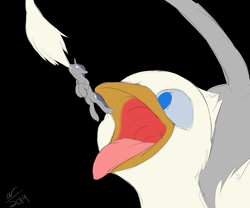 Size: 1481x1234 | Tagged: safe, artist:arcanebolt32, oc, oc only, oc:der, oc:verlo streams, bat pony, griffon, pony, unicorn, beak, duo, imminent vore, implied vore, micro, open mouth, oral vore, tail, tongue out