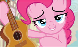 Size: 1556x940 | Tagged: safe, screencap, pinkie pie, earth pony, pony, g4, honest apple, cropped, female, guitar, holding, lidded eyes, looking at you, mare, musical instrument, smiling, solo