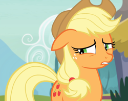 Size: 1182x937 | Tagged: safe, screencap, applejack, earth pony, pony, g4, honest apple, cropped, female, floppy ears, freckles, mare, realization, solo, worried