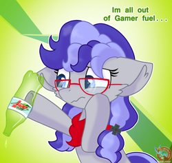 Size: 1410x1339 | Tagged: safe, artist:rainbow eevee, oc, oc only, oc:cinnabyte, earth pony, pony, bandana, blue eyes, bottle, drink, female, glasses, green background, hoof hold, mountain dew, pigtails, reference, sad, simple background, soda, solo, underhoof, worried