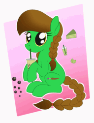 Size: 1257x1645 | Tagged: safe, artist:dyonys, oc, oc only, oc:lucky brush, earth pony, pony, animated, apple, big eyes, braid, bubble tea, cake, cute, dilated pupils, female, food, freckles, holding, mare, ocbetes, show accurate, sitting, solo, straw, strawberry