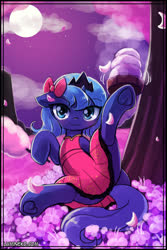 Size: 750x1125 | Tagged: safe, artist:lumineko, princess luna, pony, g4, blushing, bow, clothes, cute, dress, female, filly, filly luna, flower field, full moon, heart, hoof heart, looking at you, lumineko is trying to murder us, lunabetes, lunar new year, moon, petals, s1 luna, solo, spread legs, spreading, sweet dreams fuel, underhoof, woona, younger
