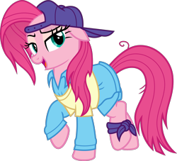 Size: 4500x4080 | Tagged: safe, artist:slb94, pinkie pie, earth pony, pony, g4, alternate hairstyle, backwards ballcap, baseball cap, cap, disguise, female, hat, mare, open mouth, plainity, raised hoof, simple background, solo, transparent background, vector