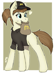 Size: 2263x3000 | Tagged: safe, artist:almond evergrow, oc, earth pony, pony, clothes, fast food, female, food, hat, heart, mare, mcdonald's, mcdonalds pony, mouth hold, packet, paper bag, ponytail, simple background, solo, uniform