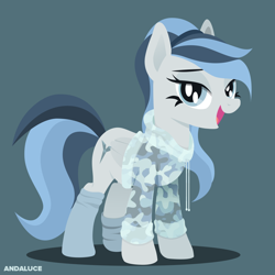 Size: 1000x1000 | Tagged: safe, artist:andaluce, oc, oc only, oc:haze northfleet, pegasus, pony, clothes, hoodie, smiling, socks, solo