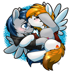 Size: 2466x2477 | Tagged: artist needed, safe, oc, oc:nexxus, oc:spoftray, pegasus, pony, abstract background, blushing, cutie mark, high res, kiss on the head, looking at each other, smiling