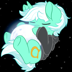 Size: 1000x1000 | Tagged: safe, artist:midknighterratum404, lyra heartstrings, pony, unicorn, fanfic:background pony, g4, clothes, cute, dig the swell hoodie, eyes closed, female, hoodie, lyrabetes, mare, moon, pony bigger than a planet, simple background, solo, tangible heavenly object, underhoof