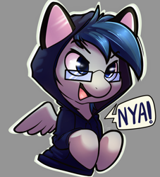 Size: 1536x1694 | Tagged: artist needed, safe, oc, oc:nexxus, pegasus, pony, cat ears, clothes, gray background, happy, hoodie, nya, simple background