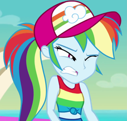 Size: 1141x1080 | Tagged: safe, screencap, rainbow dash, equestria girls, equestria girls specials, g4, my little pony equestria girls: better together, my little pony equestria girls: spring breakdown, baseball cap, cap, close-up, clothes, cloud, cringing, cropped, cruise outfit, female, front knot midriff, gritted teeth, hat, midriff, one eye closed, pants, ponytail, shirt, sleeveless, sleeveless shirt, solo, standing, tank top, wince