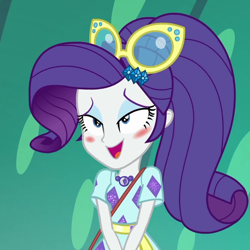 Size: 1080x1080 | Tagged: safe, screencap, rarity, equestria girls, equestria girls specials, g4, my little pony equestria girls: better together, my little pony equestria girls: spring breakdown, blushing, cropped, female, lidded eyes, open mouth, smiling, solo