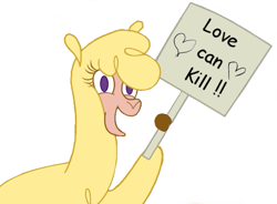 Size: 517x381 | Tagged: artist needed, source needed, safe, paprika (tfh), alpaca, them's fightin' herds, community related, female, happy, looking at you, love can kill, paprika's sign, sign, simple background, solo, white background