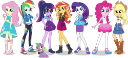 Size: 6125x2799 | Tagged: safe, artist:twilirity, applejack, fluttershy, pinkie pie, rainbow dash, rarity, sci-twi, spike, spike the regular dog, sunset shimmer, twilight sparkle, dog, equestria girls, equestria girls series, forgotten friendship, absurd resolution, applejack's hat, bowtie, bracelet, clothes, converse, cowboy hat, dress, eqg promo pose set, female, freckles, geode of empathy, geode of fauna, geode of shielding, geode of sugar bombs, geode of super speed, geode of super strength, geode of telekinesis, glasses, group, hairclip, hairpin, hat, high heels, humane five, humane seven, humane six, jacket, jewelry, leather vest, legs, looking at you, magical geodes, male, multicolored hair, pants, pantyhose, pencil skirt, ponytail, pose, rarity peplum dress, sandals, shoes, simple background, skirt, sleeveless, smiling, sneakers, socks, spike's dog collar, stetson, transparent background, vector, wristband