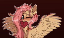 Size: 5000x3000 | Tagged: safe, artist:dinoalpaka, fluttershy, pegasus, pony, abstract background, blushing, chest fluff, cute, ear fluff, female, heart, holiday, i love you, looking at you, mare, mouth hold, one eye closed, petals, shyabetes, solo, spread wings, valentine's day, wings, wink, wip