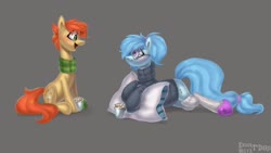 Size: 1920x1080 | Tagged: safe, artist:enderselyatdark, oc, oc only, oc:rusty gears, oc:whispy slippers, earth pony, pony, clothes, cute, duo, female, glasses, pillow, scarf, sock, socks, sweater, turtleneck