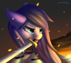 Size: 3372x2975 | Tagged: safe, artist:snowstormbat, oc, oc only, oc:starlight moon, pony, armor, female, glowing eyes, gradient background, heterochromia, high res, long hair, mare, mouth hold, solo, sword, weapon
