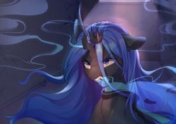 Size: 1700x1200 | Tagged: safe, artist:leafywind, queen chrysalis, changeling, changeling queen, g4, angry, blue changeling, bust, cell, chains, changelings in the comments, crown, female, jewelry, portrait, regalia, solo