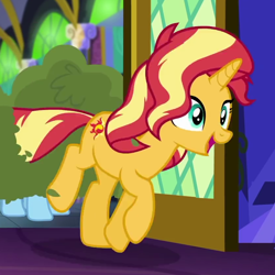 Size: 840x840 | Tagged: safe, screencap, rainbow dash, sunset shimmer, pony, unicorn, equestria girls, equestria girls specials, g4, my little pony equestria girls: better together, my little pony equestria girls: spring breakdown, bush, cropped, cute, equestria girls ponified, female, human pony dash, mare, ponified, shimmerbetes, solo focus