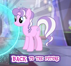 Size: 404x375 | Tagged: safe, editor:horsesplease, gameloft, diamond tiara, earth pony, pony, g4, back to the future, caption, expand dong, exploitable meme, image macro, meme, movie reference, older, older diamond tiara, text, wow! glimmer