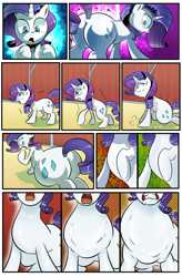 Size: 1800x2740 | Tagged: safe, artist:candyclumsy, rarity, pony, unicorn, comic:don't play with potions, g4, accident, barn, body horror, butt, butt expansion, comic, commissioner:bigonionbean, cutie mark, flank, growth, plot, shocked, shocked expression, sweet apple acres, swelling, the ass was fat, throat bulge, transformation, writer:bigonionbean