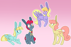 Size: 2305x1553 | Tagged: safe, artist:glowfangs, apple split, cloud kicker, gala appleby, helia, earth pony, pegasus, pony, g4, apple family member, background pony, female, flying, freckles, gradient background, impossibly large ears, male, mare, stallion, white pupils