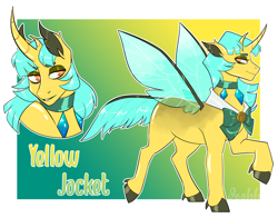 Size: 2496x1957 | Tagged: safe, artist:jeshh, oc, oc only, oc:yellow jacket, changepony, hybrid, interspecies offspring, male, offspring, parent:coco pommel, parent:thorax, solo