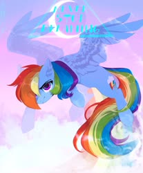 Size: 1200x1450 | Tagged: safe, artist:hakkerman, rainbow dash, pegasus, pony, g4, cloud, cover art, crescent moon, female, flying, looking at you, mare, moon, sky, solo, spread wings, wings