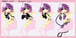 Size: 2000x1000 | Tagged: safe, artist:hakkerman, oc, oc only, oc:alina, pegasus, pony, bottomless, bow, chest fluff, clothes, collar, ear fluff, female, hair bow, leash, mare, partial nudity, shirt, socks, solo, spread wings, striped socks, sweater, t-shirt, wings