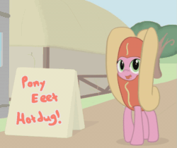 Size: 1095x918 | Tagged: safe, artist:fimflamfilosophy, oc, oc only, unnamed oc, pony, mentally advanced series, animated, bouncing, clothes, costume, cute, dancing, female, food, food costume, gif, grin, happy, headbob, hot dog, hot dog costume, implied ponies eating meat, looking at you, mare, meat, ocbetes, open mouth, open smile, raised hoof, sausage, shadow, smiling, smiling at you, solo, waving, waving at you, youtube link