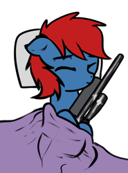 Size: 510x689 | Tagged: safe, artist:neuro, oc, oc only, oc:snap roll, pony, blanket, gun, pillow, rifle, simple background, sleeping, sniper rifle, solo, transparent background, weapon