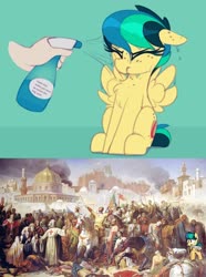 Size: 1068x1434 | Tagged: safe, artist:shinodage, edit, oc, oc only, oc:apogee, human, pegasus, pony, apogee getting sprayed, bad pony, baptism, crusader, crusades, fantasy class, fine art parody, green background, harsher in hindsight, israel, knight, mouth hold, not salmon, offscreen character, paladin, simple background, spray bottle, sword, warrior, wat, water that makes you want to reclaim the holy land, weapon