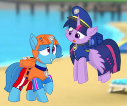 Size: 1291x1080 | Tagged: safe, artist:rainbow eevee edits, artist:徐詩珮, spring rain, twilight sparkle, alicorn, pony, unicorn, series:sprglitemplight diary, series:sprglitemplight life jacket days, series:springshadowdrops diary, series:springshadowdrops life jacket days, g4, alternate universe, clothes, equestria girls outfit, female, lesbian, lifeguard spring rain, paw patrol, ship:springlight, shipping, twilight sparkle (alicorn)