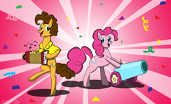 Size: 4752x2880 | Tagged: safe, artist:jde10, cheese sandwich, pinkie pie, earth pony, pony, g4, accordion, bipedal, cannon, confetti, cute, diacheeses, diapinkes, duo, female, high res, male, music notes, musical instrument, sunburst background